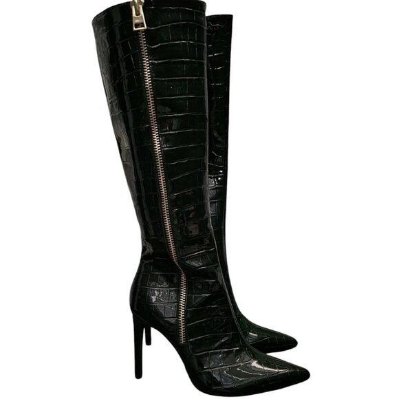 INC Sabrinaa Knee High Boots Black Croc 10W Extra Wide Calf Stiletto MSRP $149 - Picture 1 of 7
